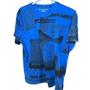 Guesseco Graphic Printed T Shirt Short Sleeve Crewneck Blue Large